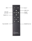 Black remote control with labeled buttons on a white background