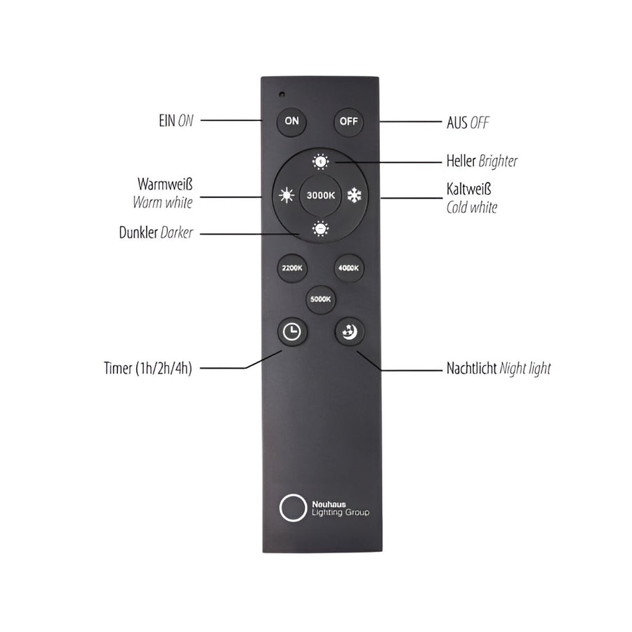Black remote control with labeled buttons on a white background