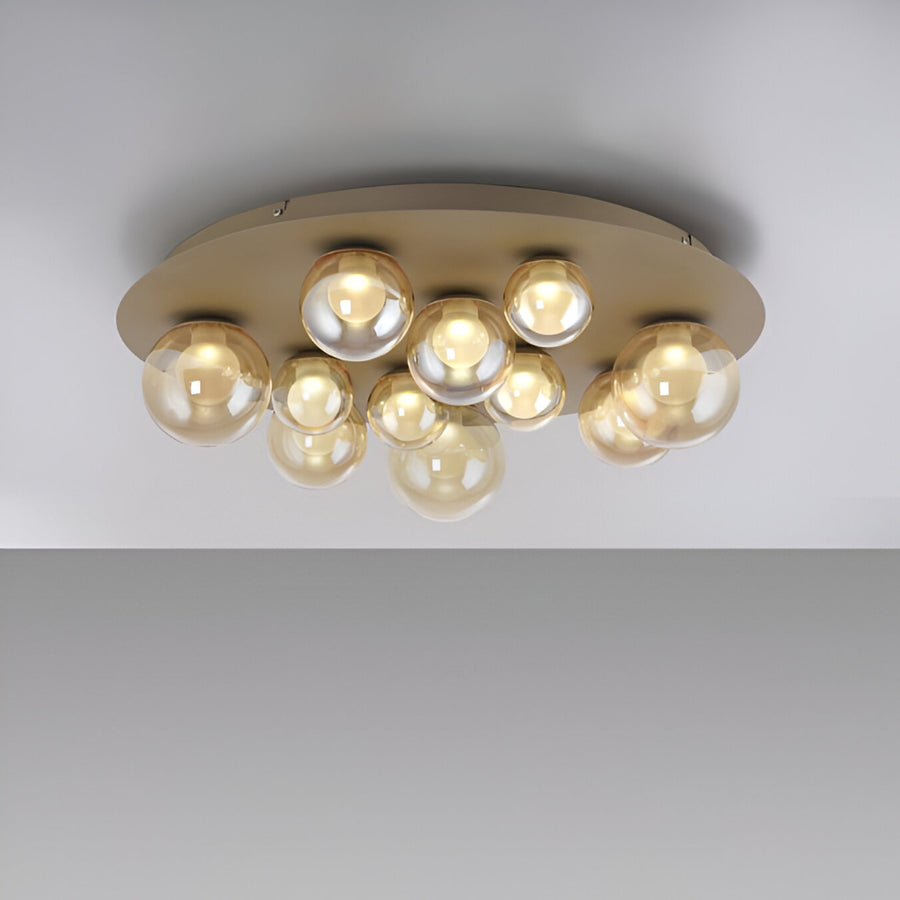 Ceiling light fixture with multiple round bulbs on a plain background