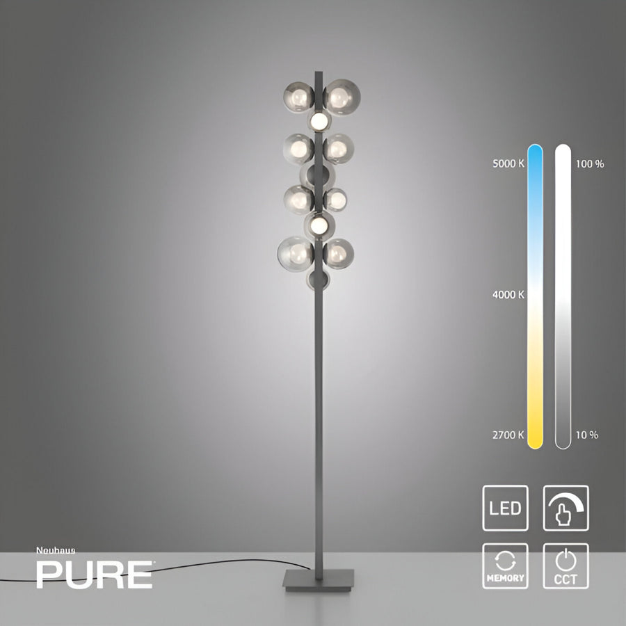 Modern floor lamp with LED indicator on a gray background
