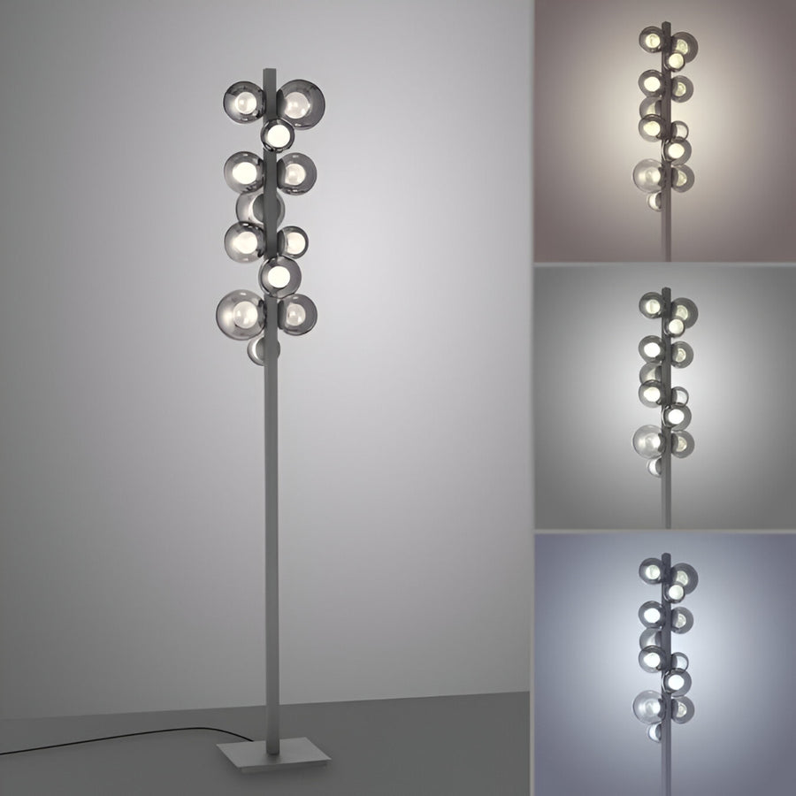 Modern floor lamp with multiple spherical lights on a gray background