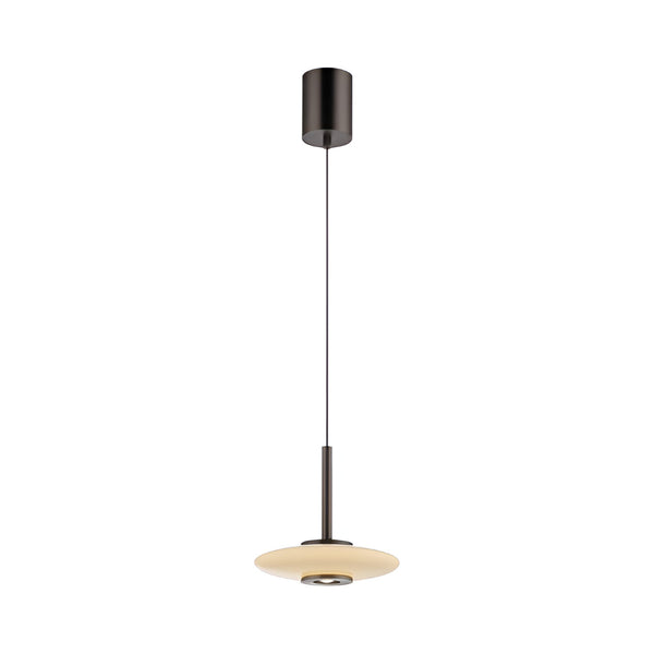 Modern pendant light with manual height adjustment feature, black fixture and beige glass shade on a white background from Neuhaus Pure, available at Spacio retail stores in Mumbai & Kolkata. 