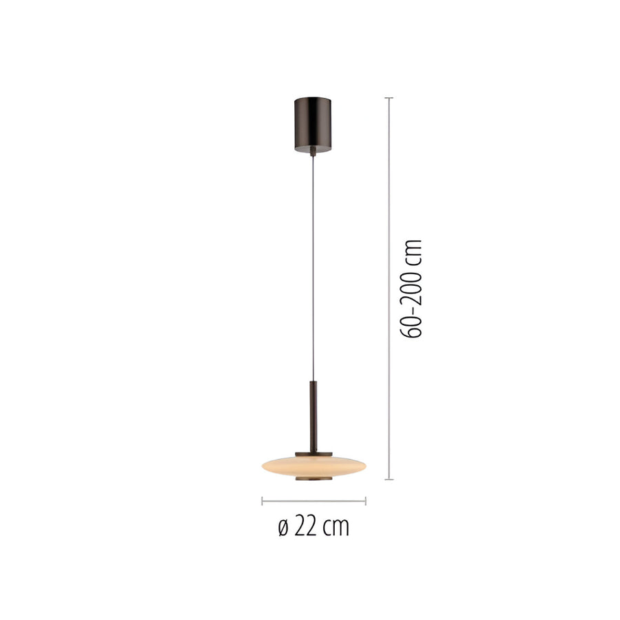Pendant light with dimensions on a white background