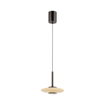 Modern pendant light with manual height adjustment feature, black fixture and beige glass shade on a white background from Neuhaus Pure, available at Spacio retail stores in Mumbai & Kolkata. 