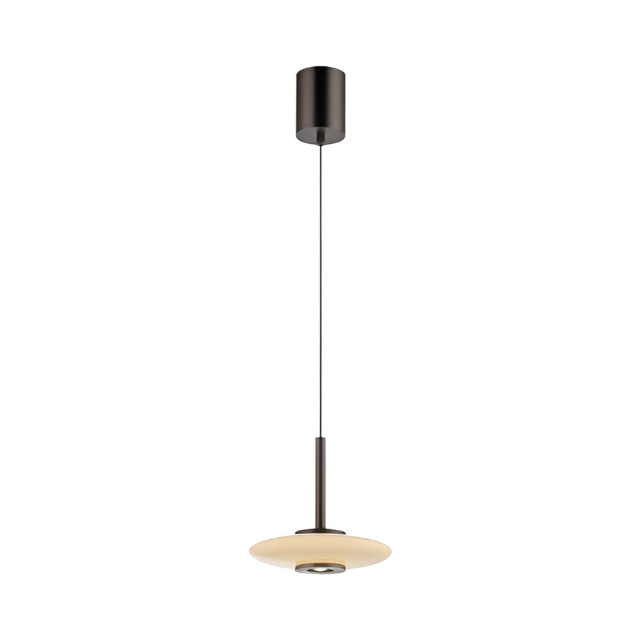 Modern pendant light with manual height adjustment feature, black fixture and beige glass shade on a white background from Neuhaus Pure, available at Spacio retail stores in Mumbai & Kolkata. 