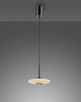Modern pendant light with a dark fixture and glass shade on a gray background