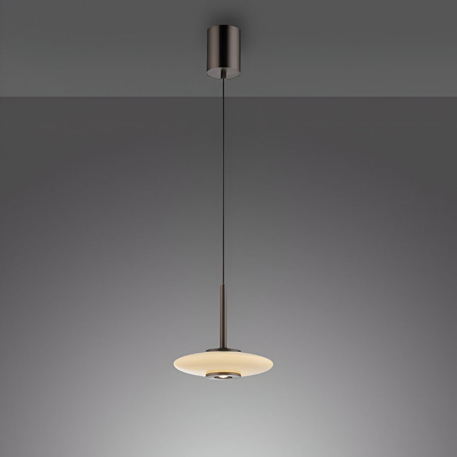 Modern pendant light with a dark fixture and glass shade on a gray background