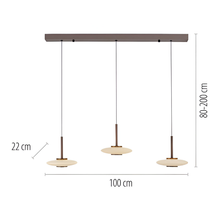 Pendant light fixture with dimensions on a white background