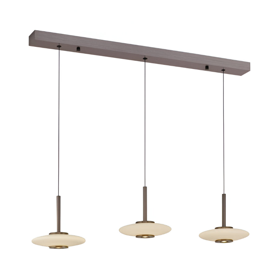 Modern pendant light fixture with three hanging lights on a white background