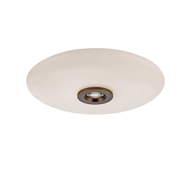 Round white ceiling light fixture on a white background