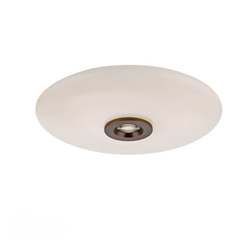 Round white ceiling light fixture on a white background