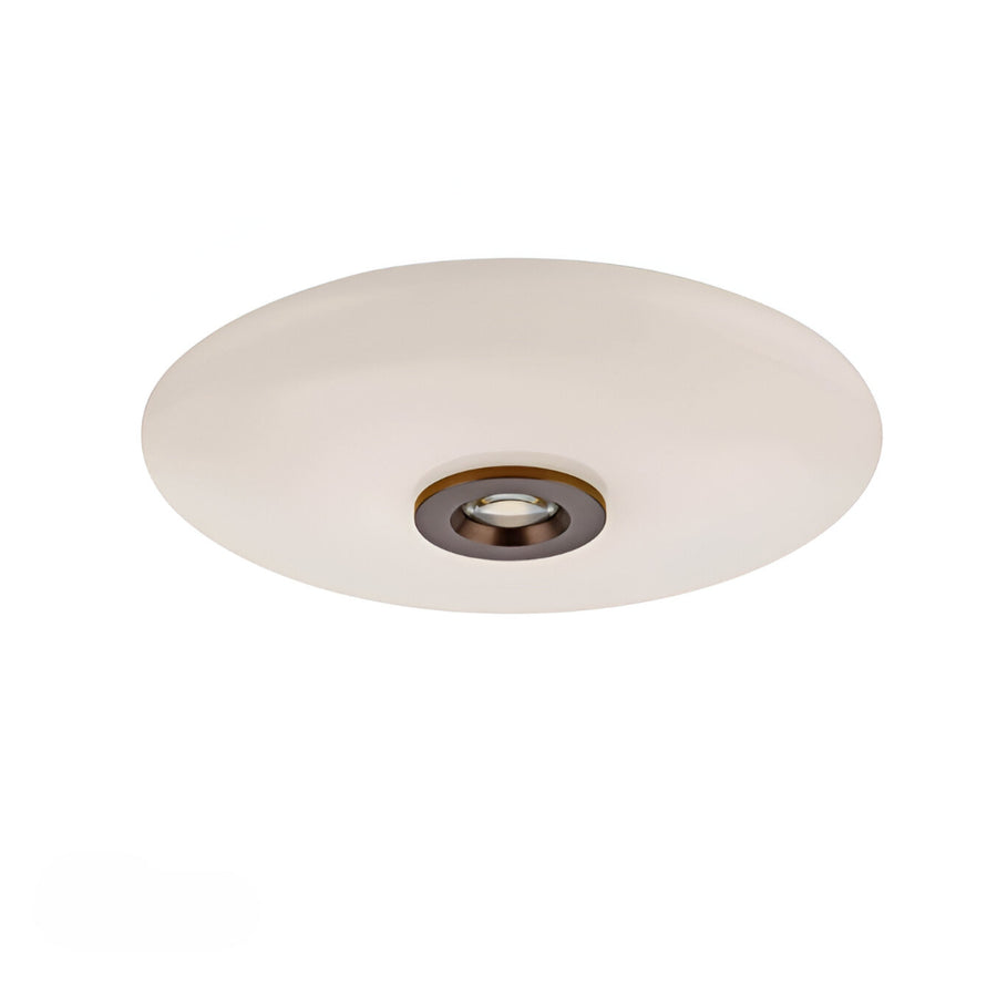 Round white ceiling light fixture on a white background