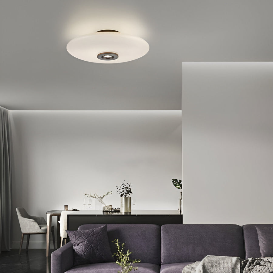 Modern living room with a ceiling light fixture, gray sofa, and small table with decor items.