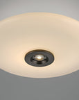 Ceiling light fixture with white shade and black trim on a gray background