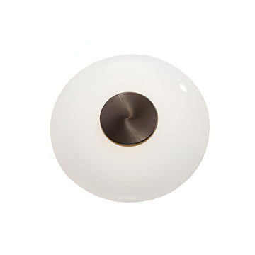 Round light fixture with white glass shade and bronze metal base on a white background