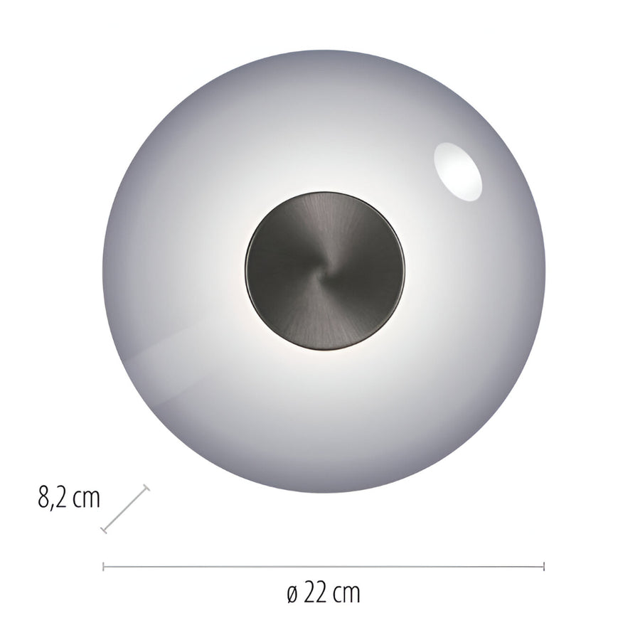 Round light fixture with dimensions on a white background