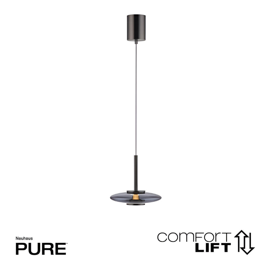 Black pendant light with 'Neuhaus' and 'Comfort Lift' branding on a white background