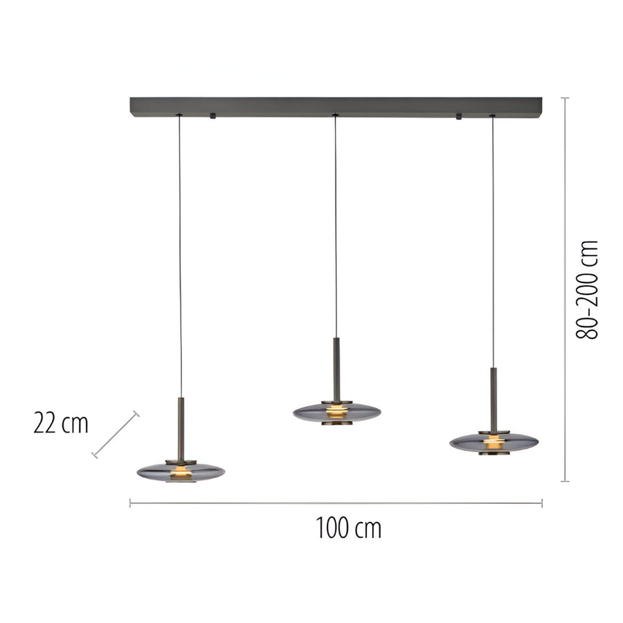 Pendant light fixture with dimensions on a white background
