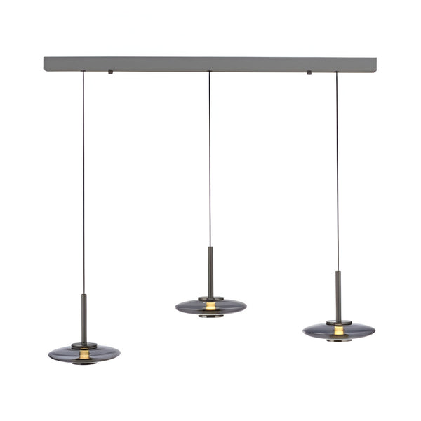 Modern pendant light fixture with three hanging lights and a manual height adjustable feature with comfort lift system on a white background available at Spacio stores in India. 