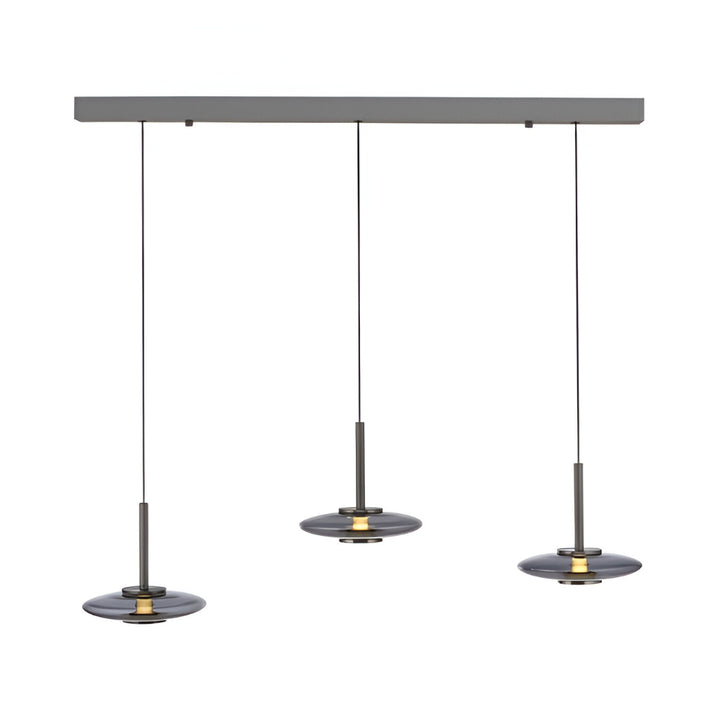 Modern pendant light fixture with three hanging lights and a manual height adjustable feature with comfort lift system on a white background available at Spacio stores in India. 