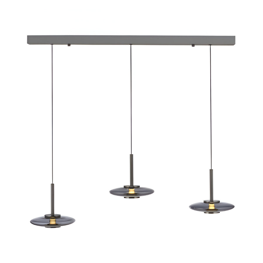 Modern pendant light fixture with three hanging lights and a manual height adjustable feature with comfort lift system on a white background available at Spacio stores in India. 