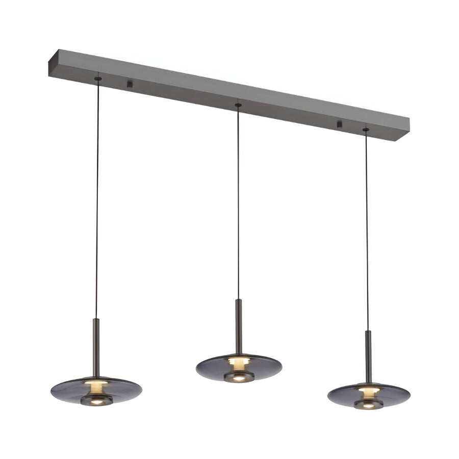 Modern pendant light fixture with three hanging lights on a white background