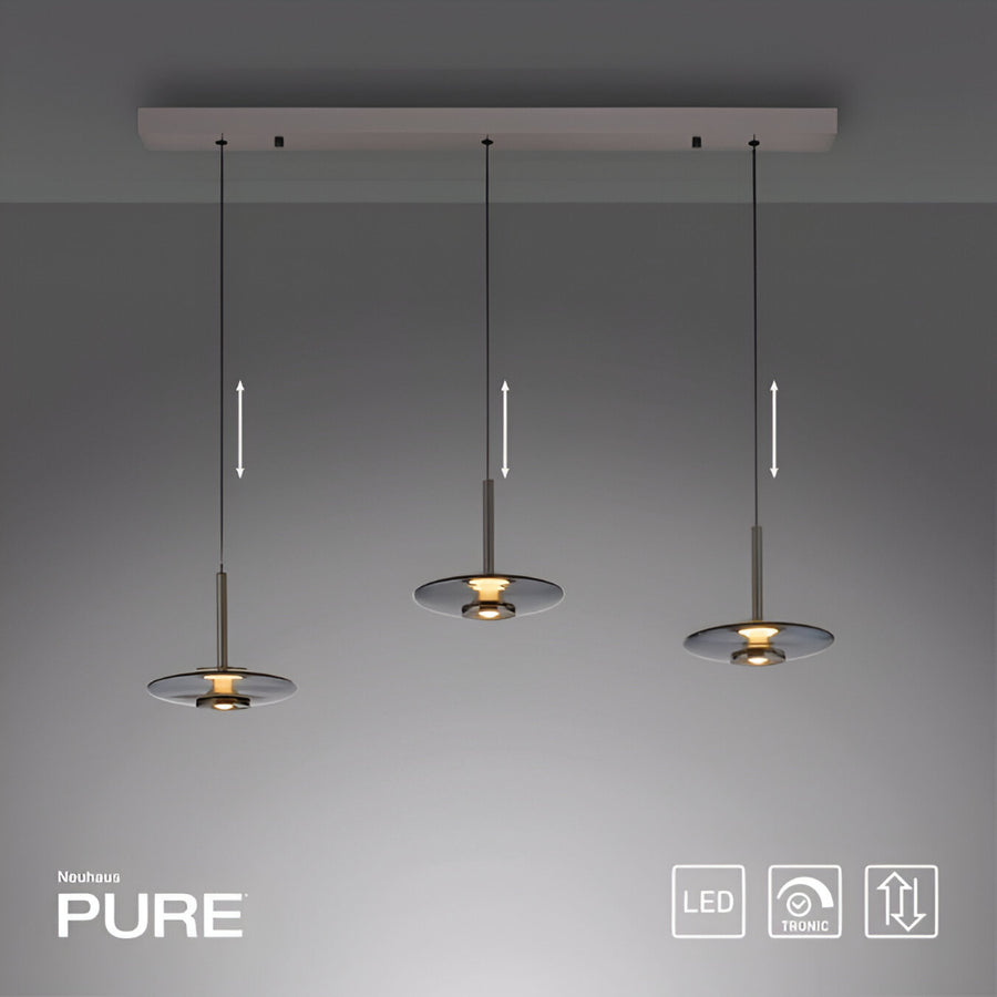 Modern pendant lights with 'Neuhaus PURE' branding on a gray background
