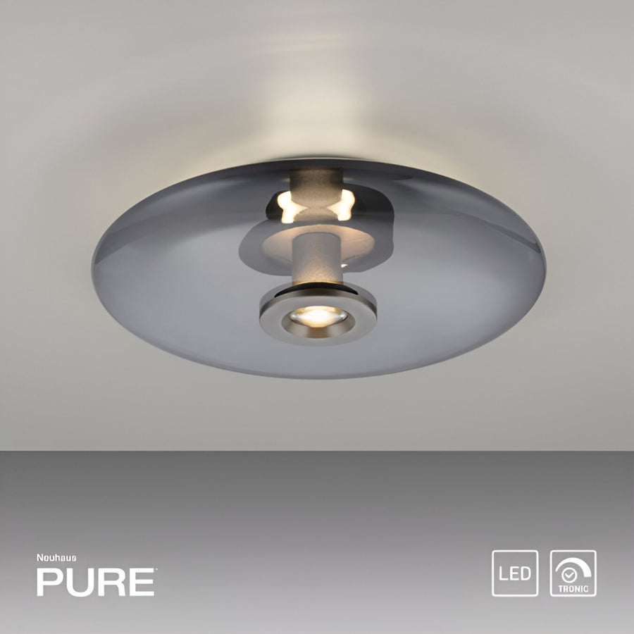 Ceiling light fixture with 'PURE' branding on a gray background