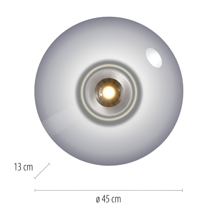 Round light fixture with dimensions indicated on a white background