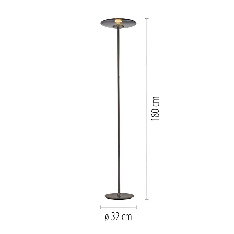 Black floor lamp with dimensions on a white background