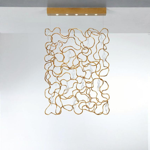 Decorative gold finish curtain screen lights with crystal accents on a white background suspending from the ceiling. 