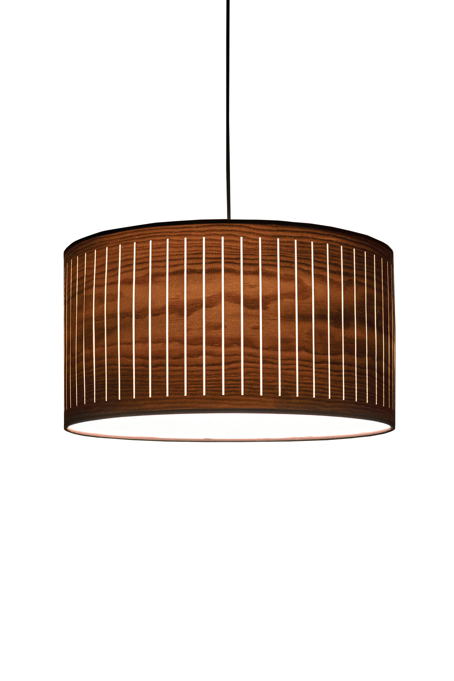 Wooden pendant lamp with a cylindrical design on a white background from Nomon available at Spacio retail stores in Mumbai & Kolkata. 