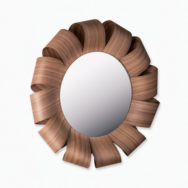 Wooden wall mirror with a decorative frame on a white background