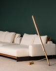 Modern living room with a beige sectional sofa and a tall, thin floor lamp.