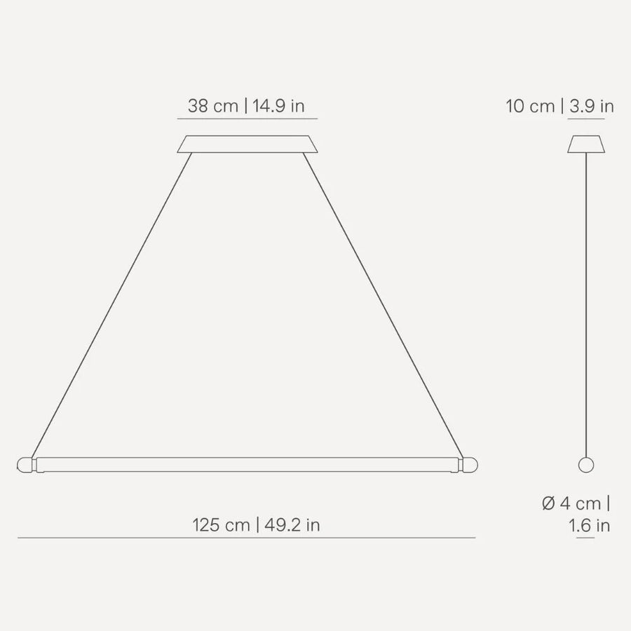 Measurement chart of Nomon's Linea suspension light with dimensions on a white background