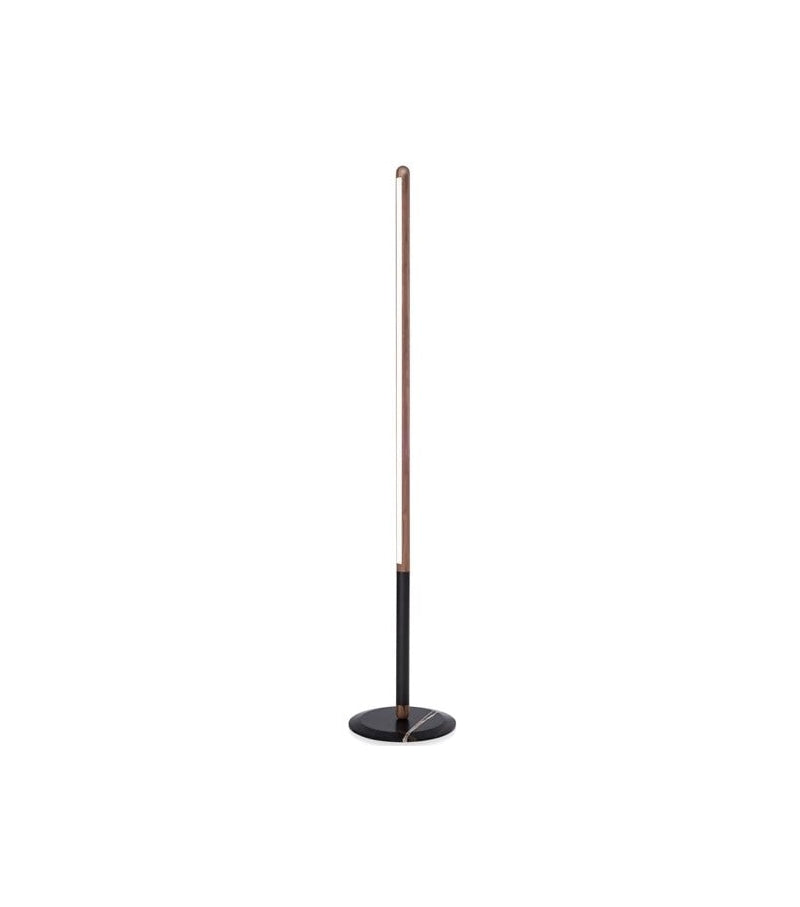 Black floor lamp with a thin, cylindrical design on a white background