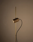 Modern floor lamp with brass finish and black cable on a brown background
