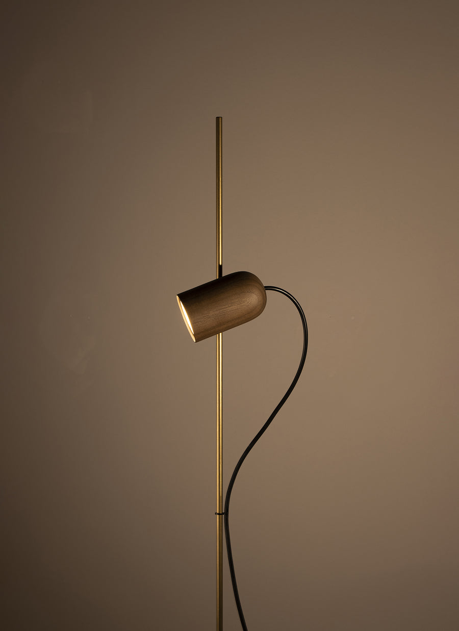 Modern floor lamp with brass finish and black cable on a brown background