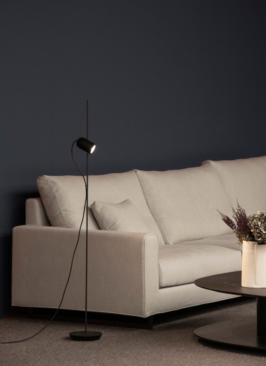 Modern living room with a light gray sofa, floor lamp, and small round table.