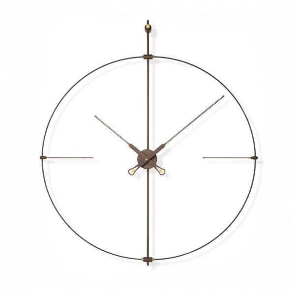 Large round wall clock with bronze metal design on a white background