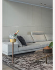 Gray sectional sofa in a modern living room with a champagne chiller stand
