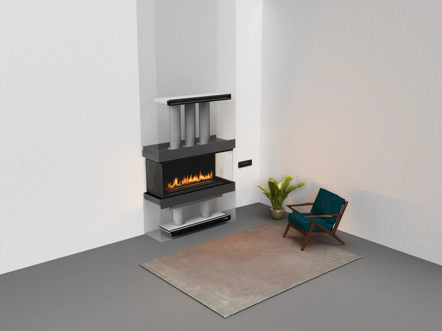 Modern living room with electric fireplace, armchair, and rug.