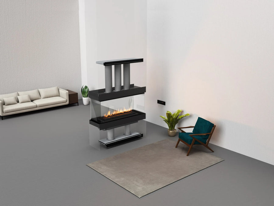 Modern living room with a glass-enclosed fireplace, sofa, and chair.