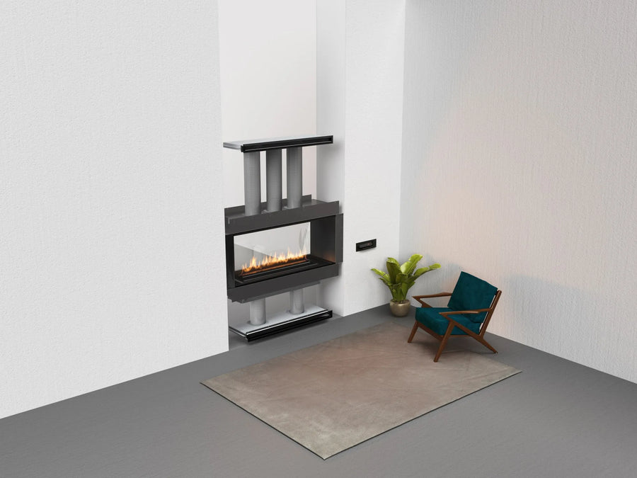 Modern living room with a freestanding electric fireplace and a chair.