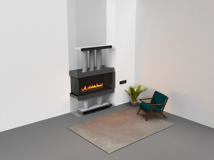 Modern living room with electric fireplace and armchair on a gray floor.