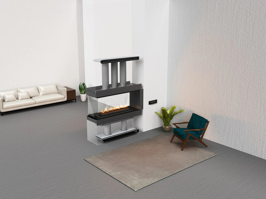 Modern living room with a glass-enclosed fireplace, sofa, and chair.