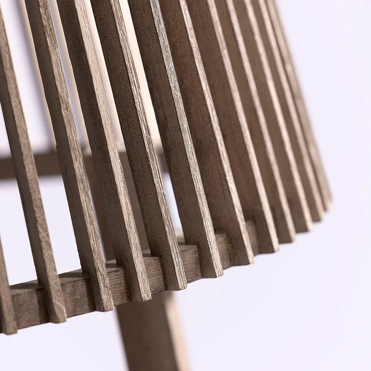 Wooden solar light furniture with slatted design on a white background by Les Jardins available at Spacio retail stores in Mumbai & Kolkata. 