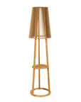 Teak solar floor lamp cum side table with a pleated shade on a white background