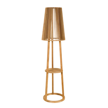 Teak solar floor lamp cum side table with a pleated shade on a white background