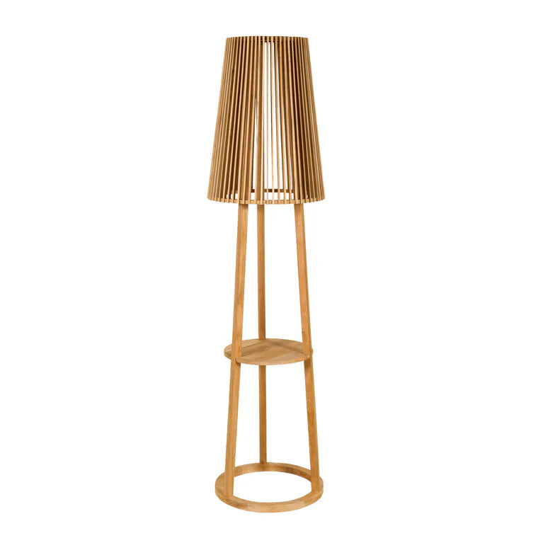 Teak solar floor lamp cum side table with a pleated shade on a white background